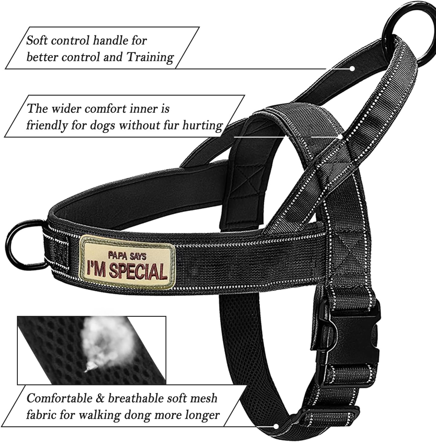 No Pull Dog Harness Black for Small Medium Large Sized Dog, Reflective Escape Proof Adjustable Dog Harnesses with 2 Patch, S